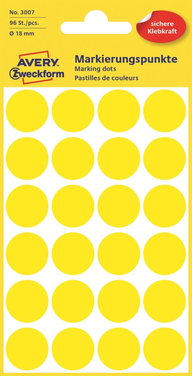 Avery Etiket farvedots | Ø18 mm | Gul | 96 stk.