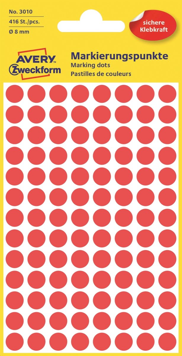 Avery Etiket farvedots | Ø8 mm | Rød | 416 stk.