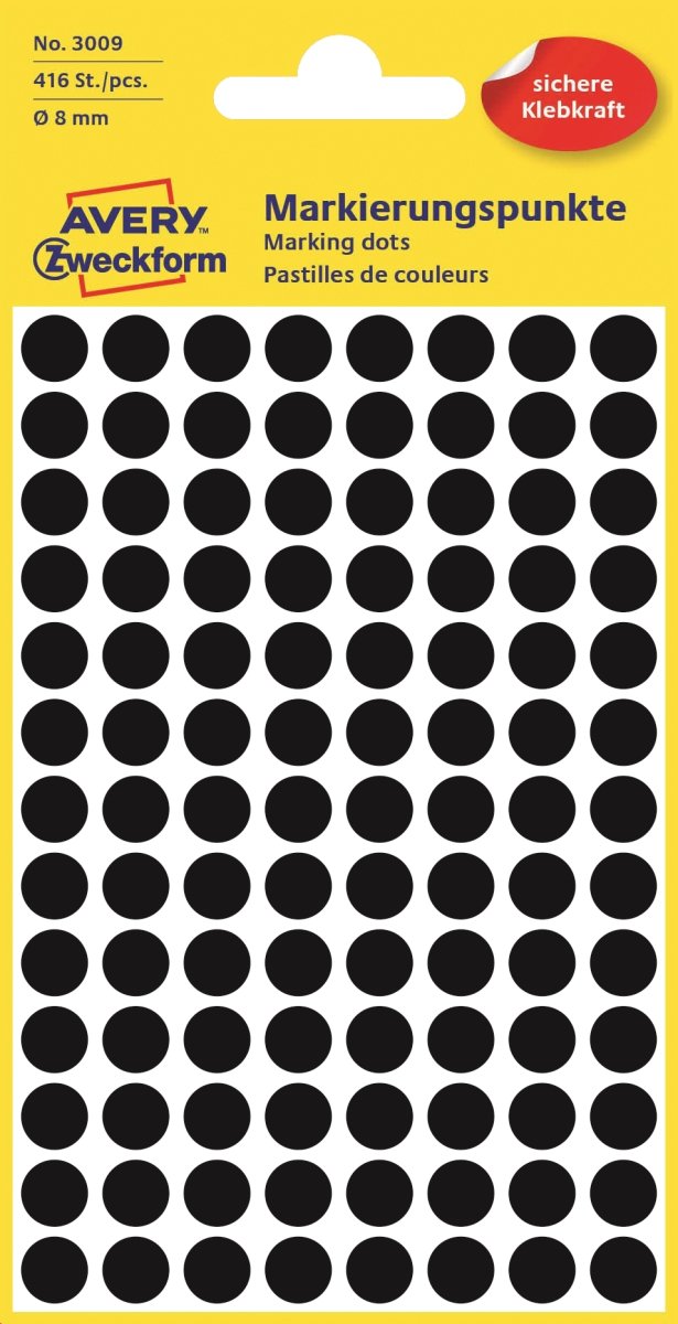 Avery Etiket farvedots | Ø8 mm | Sort | 416 stk.