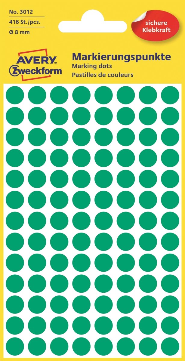 Avery Etiket farvedots | Ø8 mm | Grøn | 416 stk.