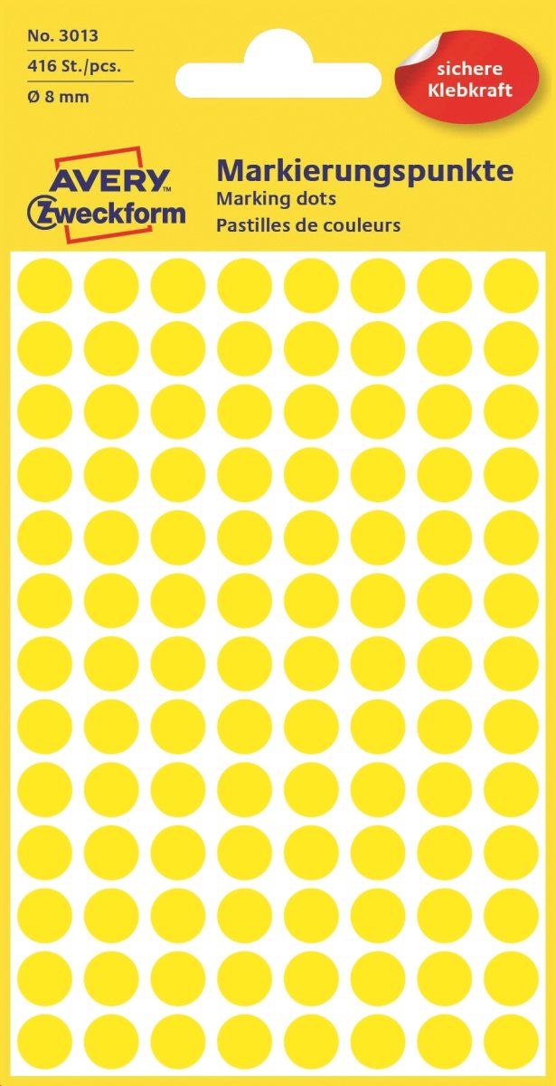 Avery Etiket farvedots | Ø8 mm | Gul | 416 stk.