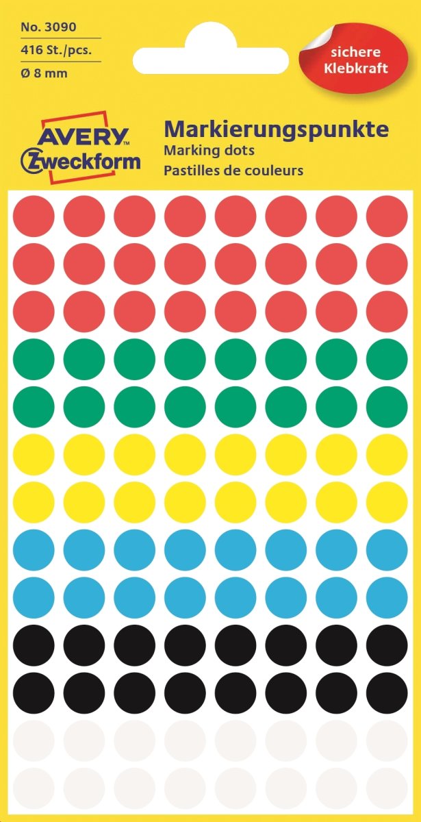 Avery Etiket farvedots | Ø8 mm | Mix | 416 stk.
