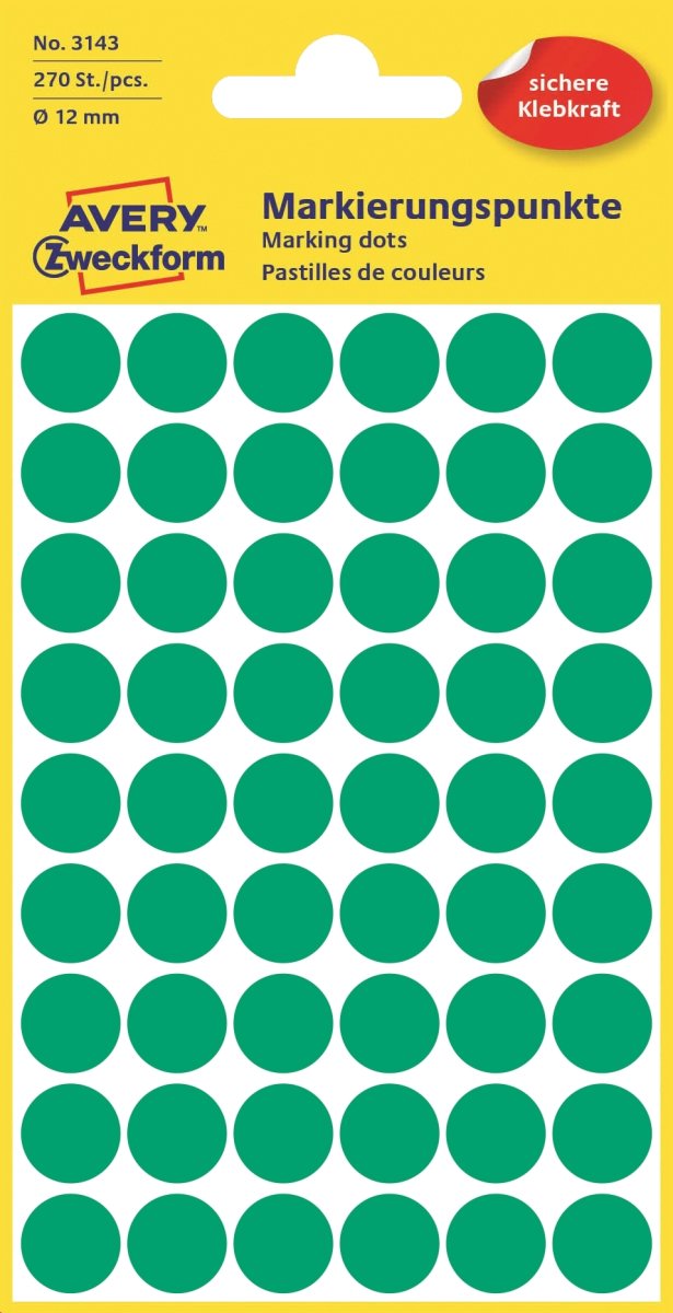Avery Etiket farvedots | Ø12 mm | Grøn | 270 stk.
