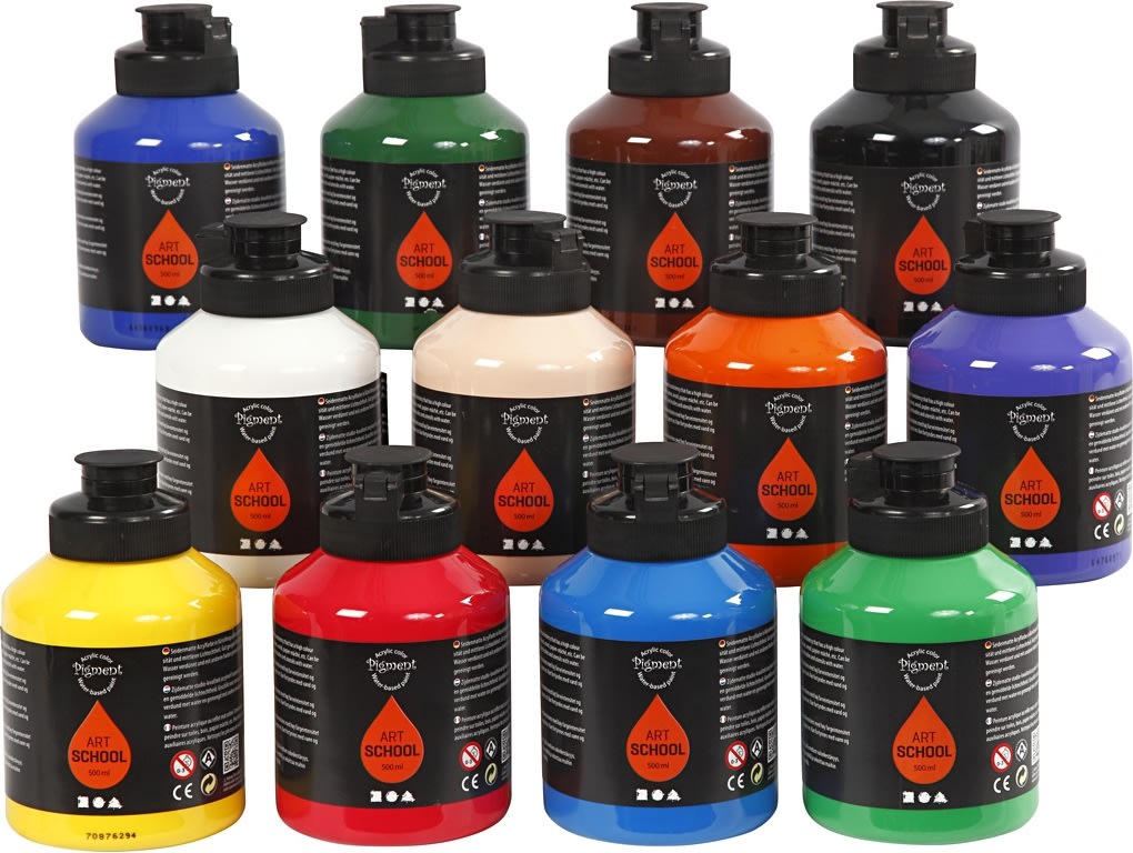 Pigment Kunstnermaling, 12x500 ml, standardfarver