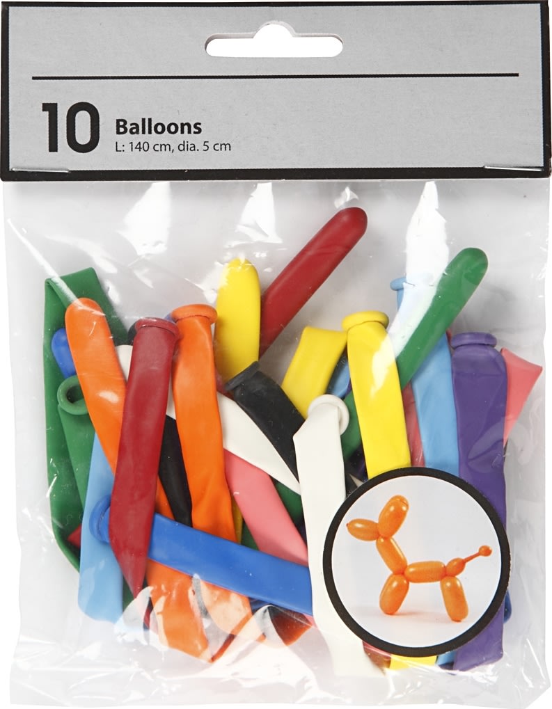 Balloner til ballondyr, ass. farver, 10 stk