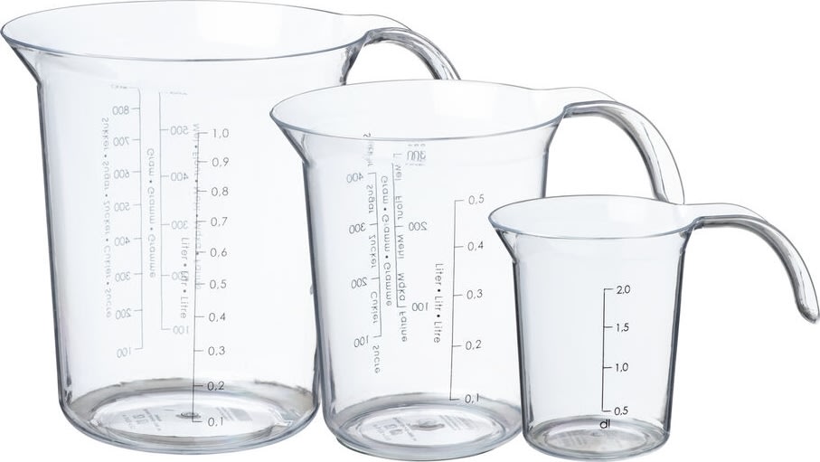 Målekandesæt i klar plast, 0,2 + 0,5 + 1 L