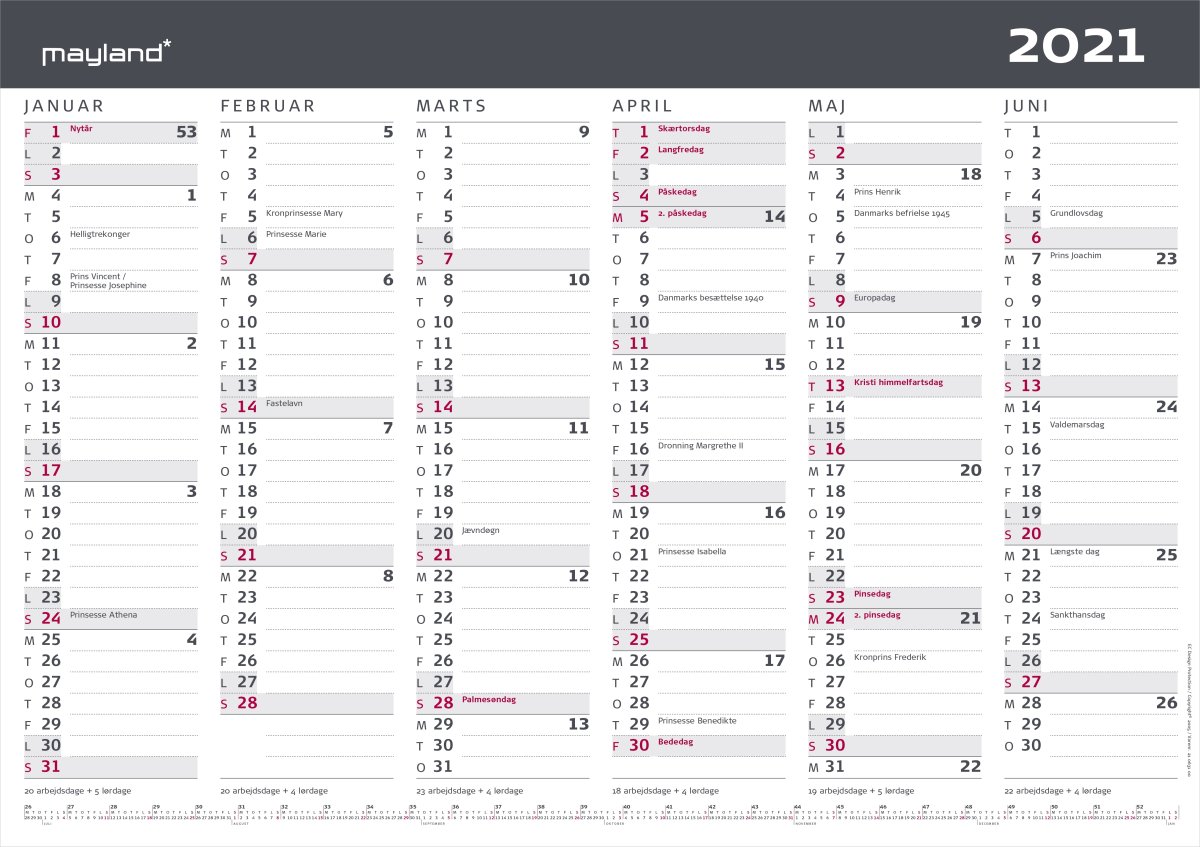 Mayland 2021 Vægkalender | Moderne | A3 | 2x6 | Lomax A/S