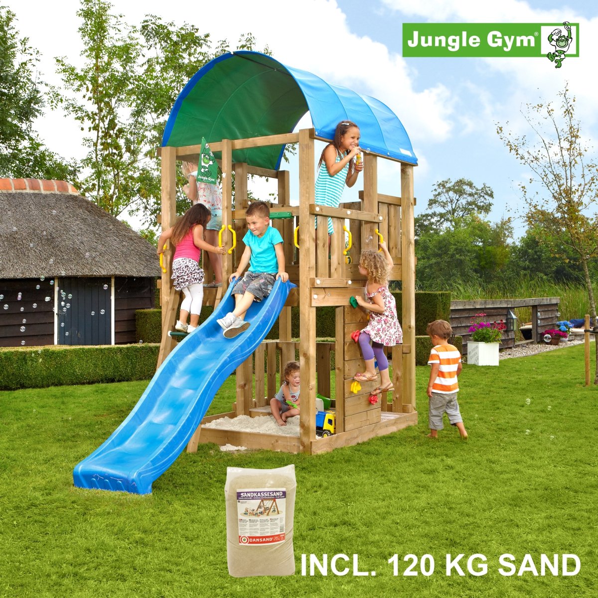 Jungle Gym Farm legetårn, sand og blå rutschebane