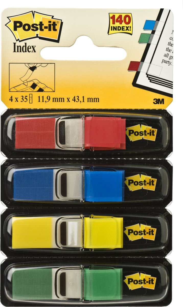 Post-it Indexfaner | 12x43 mm | Rød/blå/gul/grøn