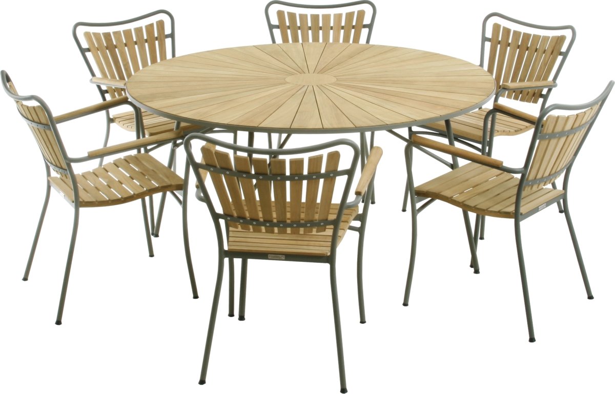 Marguerit havebord ø140 cm + 6 stole, Olivengrøn