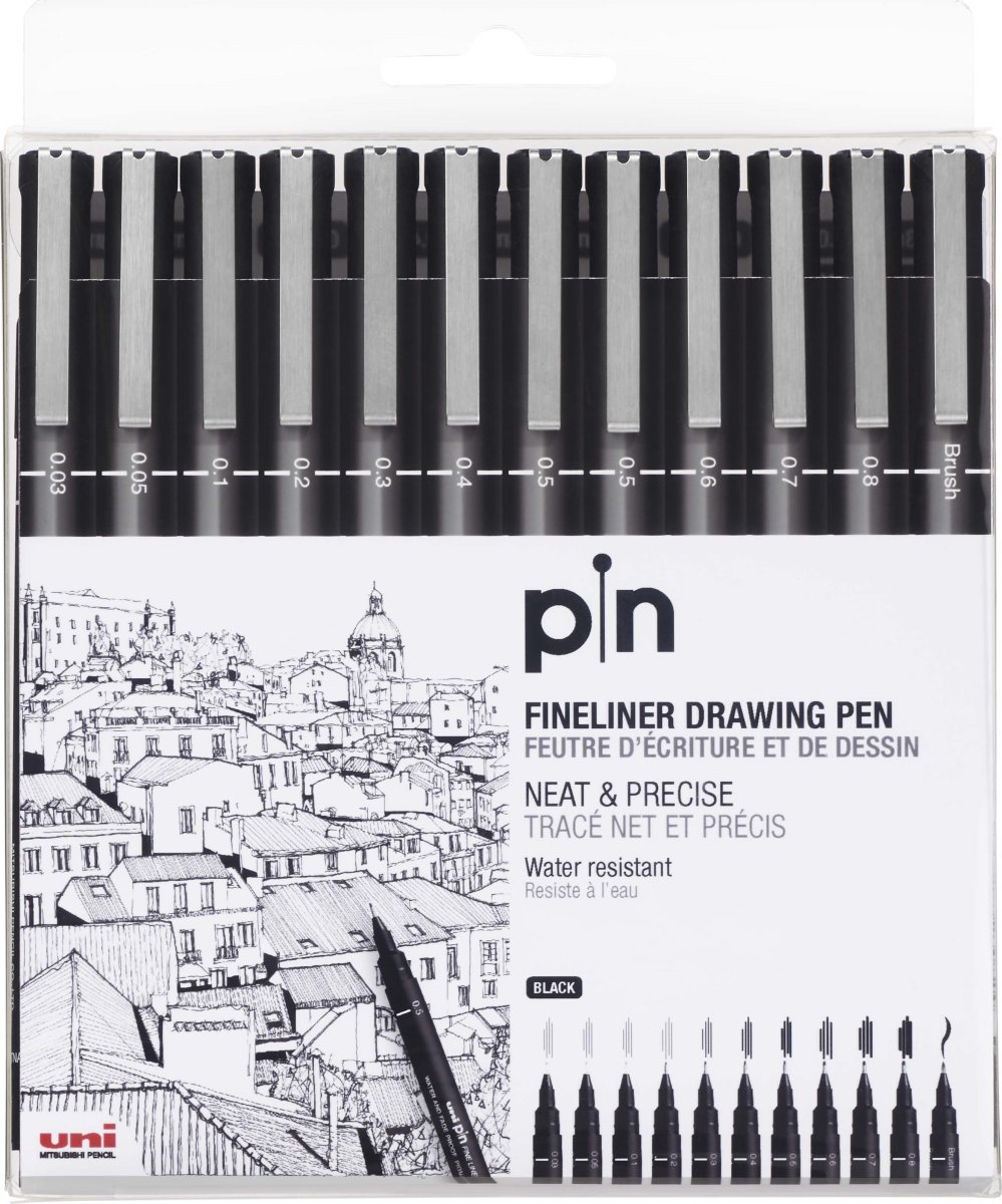 Uni Pin Fineliner | 12 stk | 0,03-0,8 mm | Sort