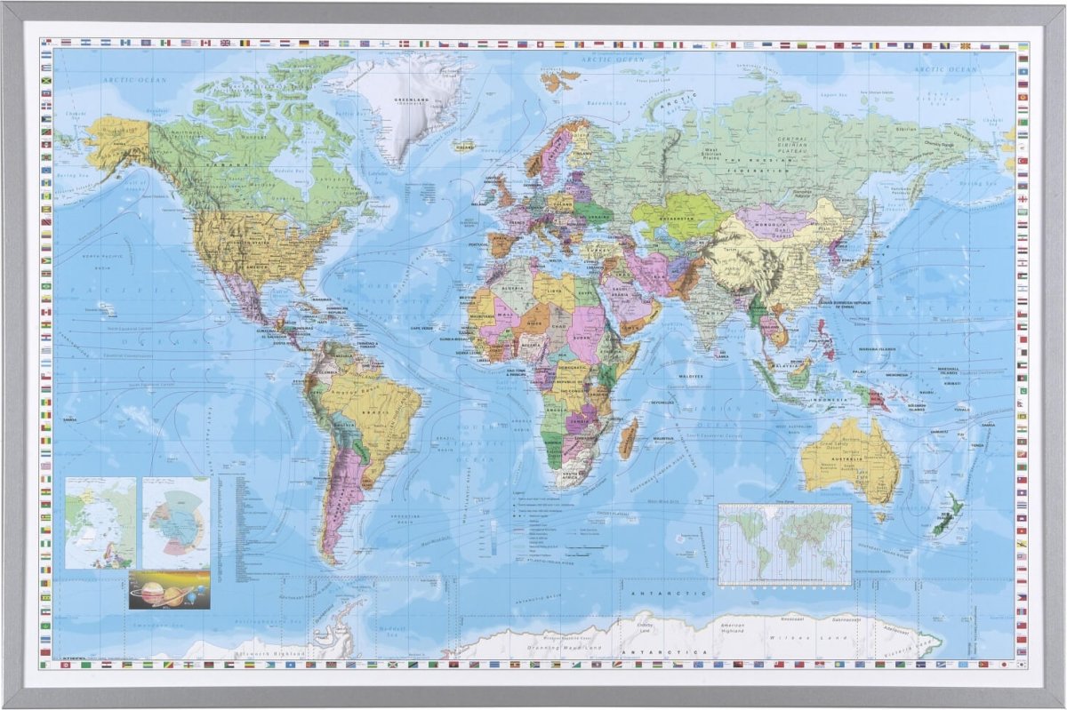 NAGA indrammet verdenskort 60 x 90 cm., farvet