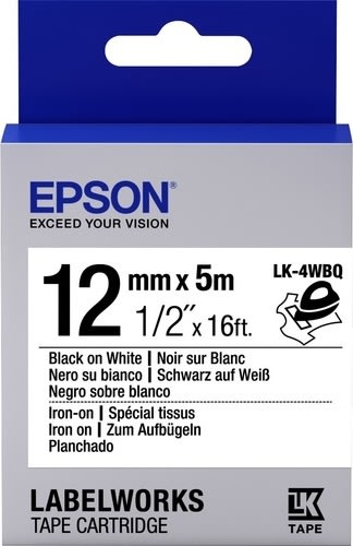 Epson LK-4WBQ 12 mm labeltape, sort på hvid