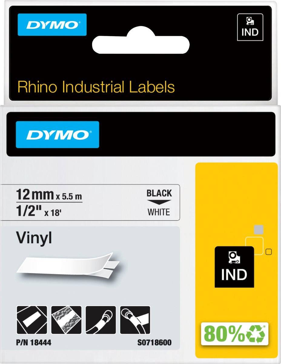 Dymo Rhino Vinyltape 12mm, sort på hvid