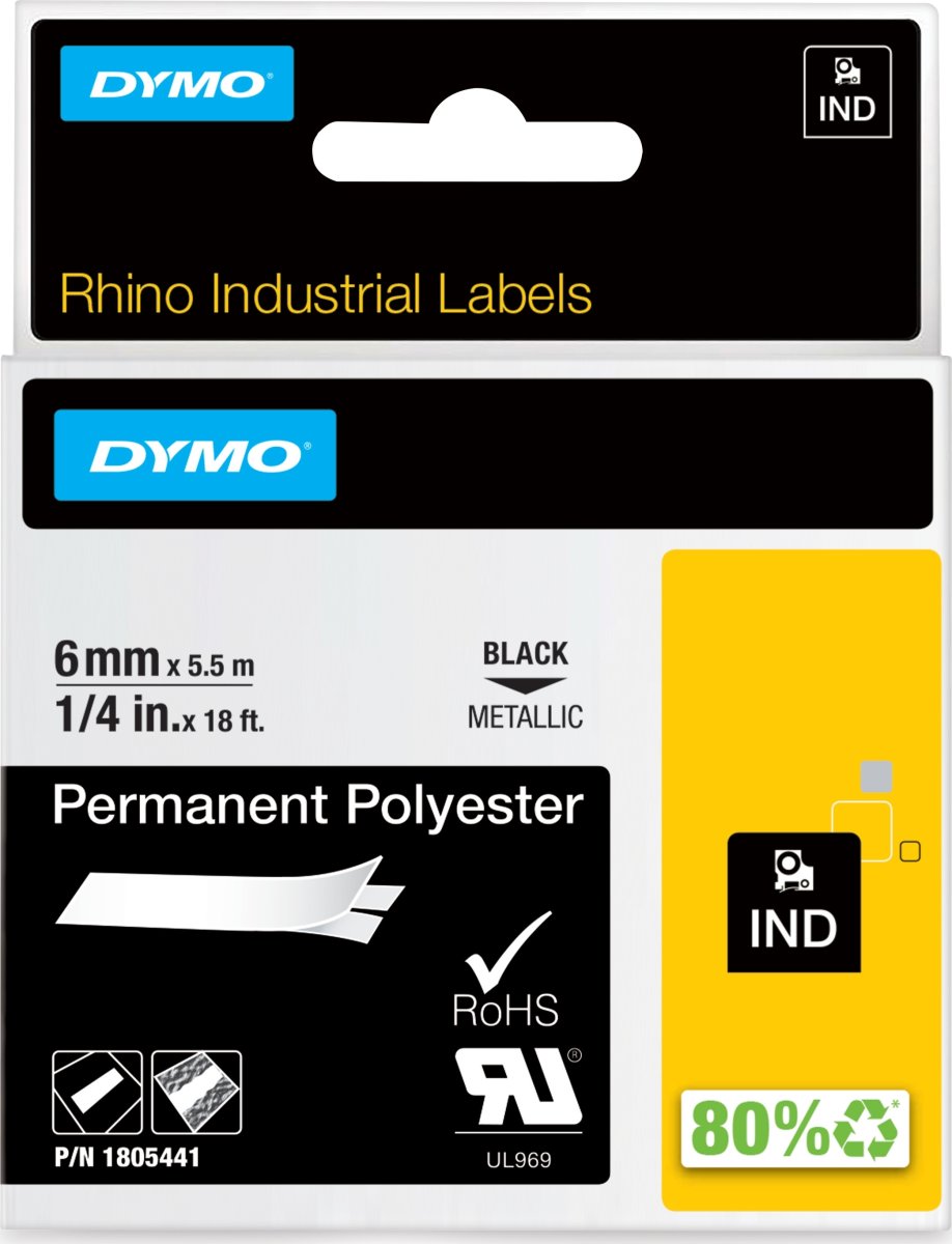 Dymo RHINO Permanent Polyester 6mm, sort på metal