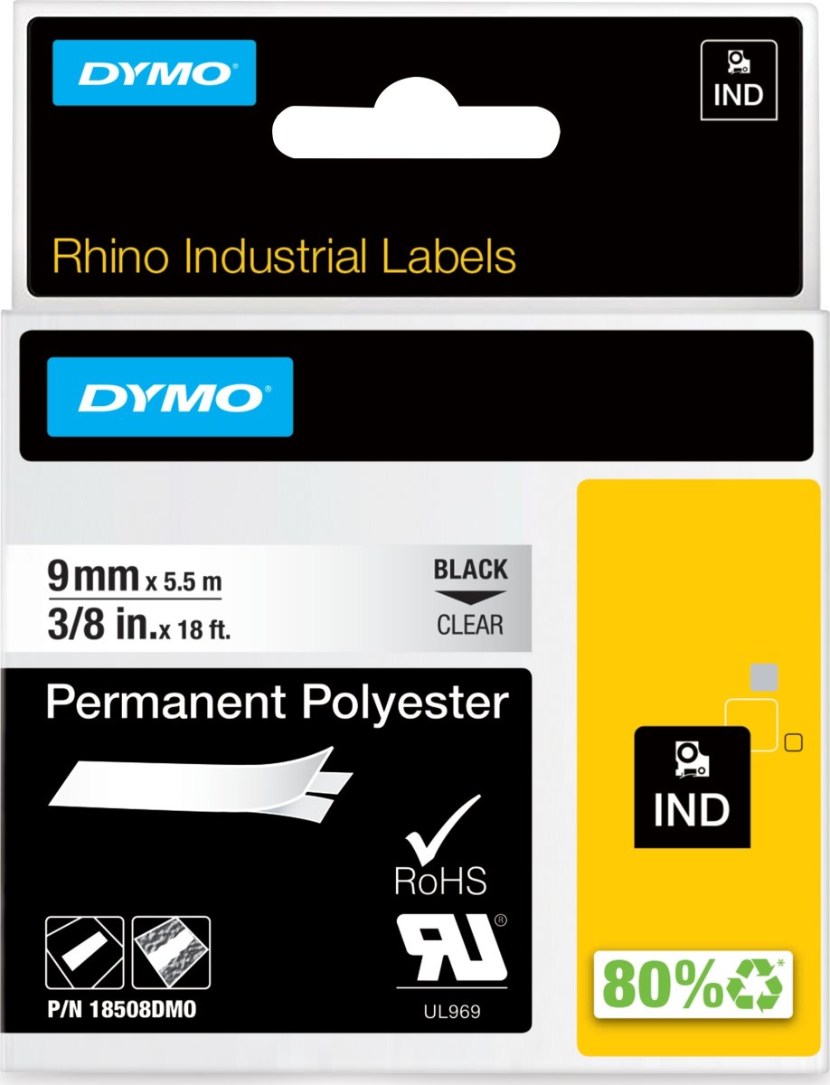 Dymo RHINO Permanent Polyester 9mm, sort på klar