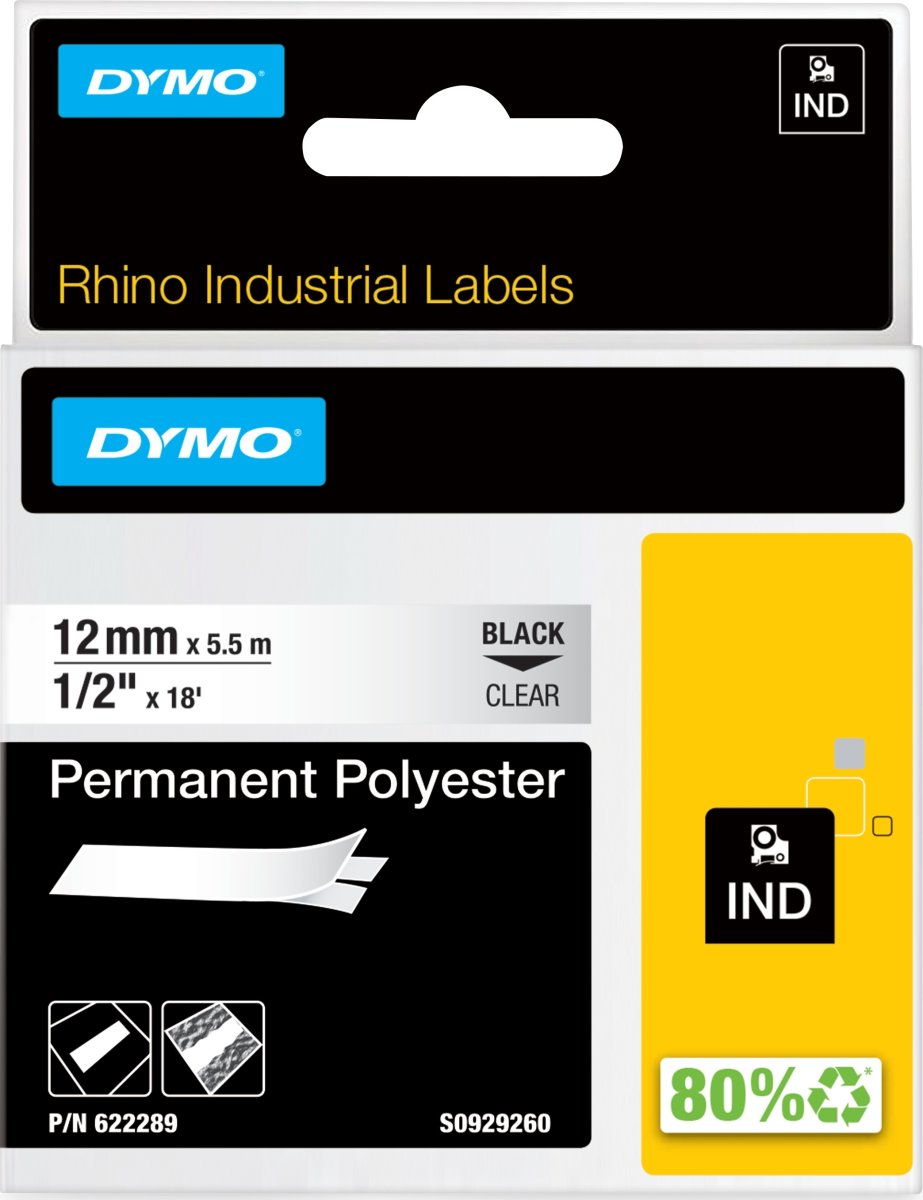 Dymo RHINO Permanent Polyester 12mm, sort på klar
