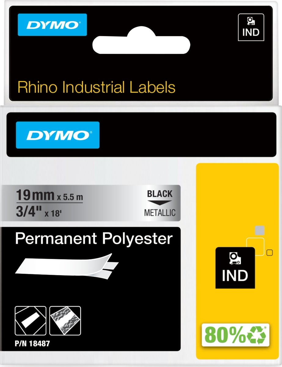 Dymo RHINO Permanent Polyester 19mm, sort på metal