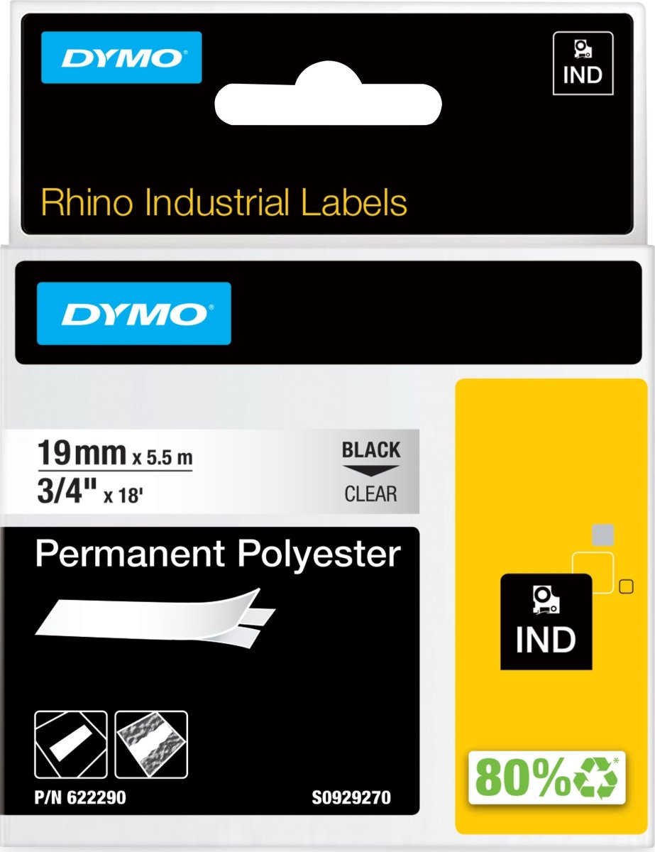Dymo RHINO Permanent Polyester 19mm, sort på klar