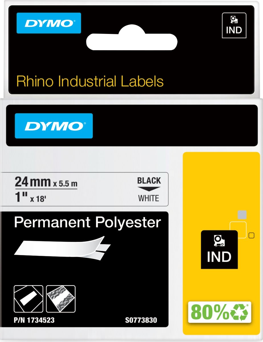 Dymo RHINO Permanent Polyester 24mm, sort på hvid