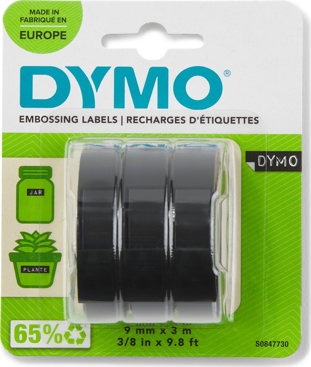 Dymo 3D prægetape m/lim, 9mm, sort, 3 stk