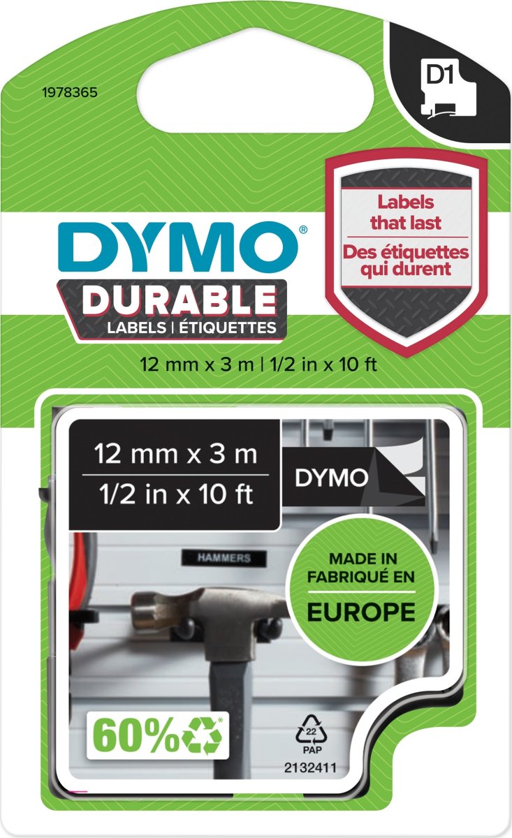 Dymo D1 Durable labeltape 12mm, hvid på sort