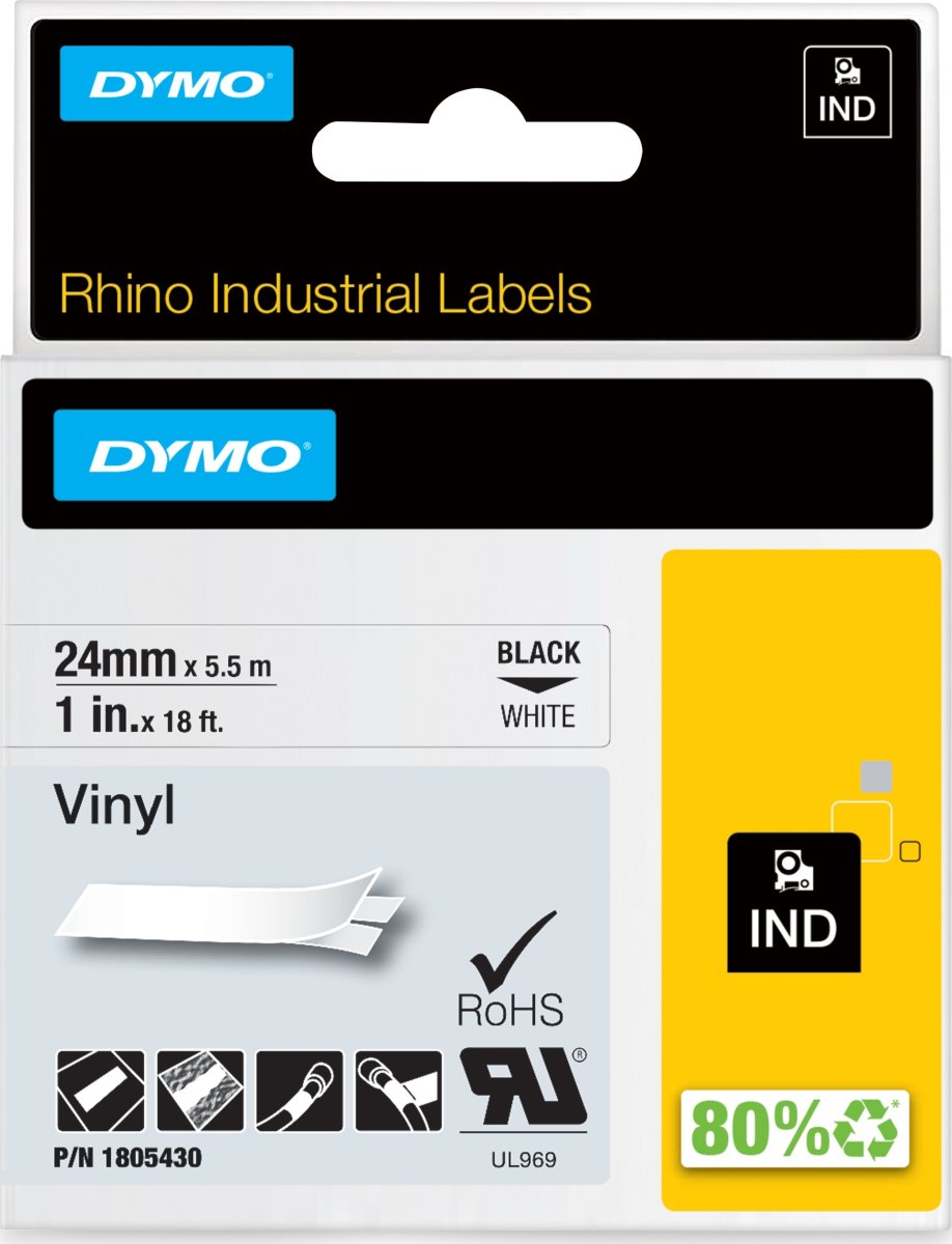 Dymo Rhino Vinyltape 24mm, sort på hvid