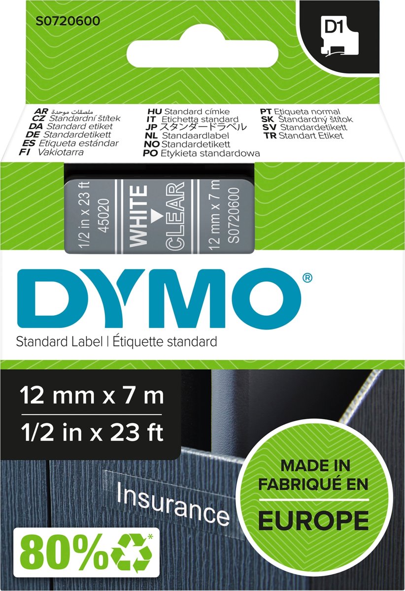 Dymo D1 labeltape 12mm, hvid på klar
