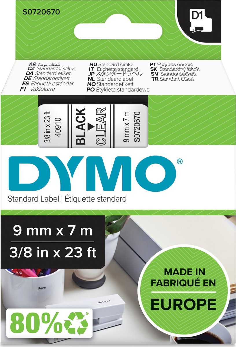 Dymo D1 labeltape 9mm, sort på klar