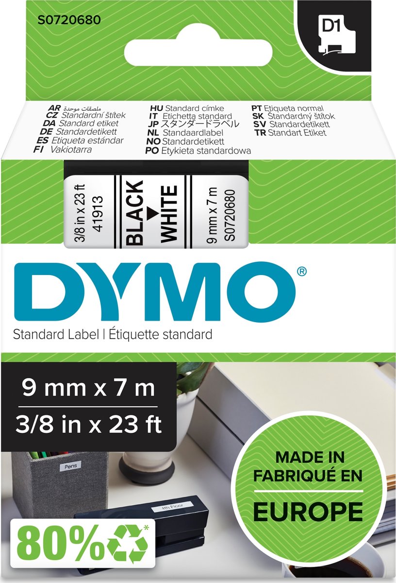 Dymo D1 labeltape 9mm, sort på hvid