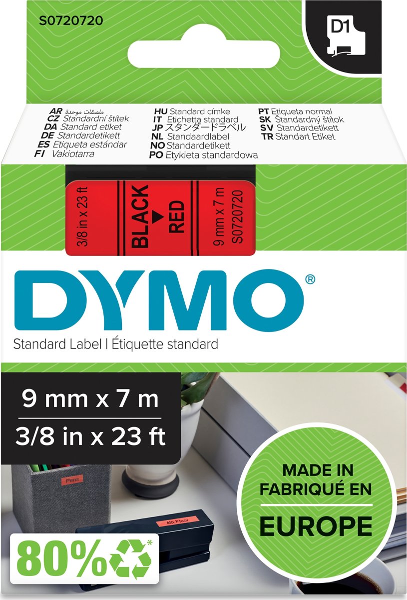 Dymo D1 labeltape 9mm, sort på rød