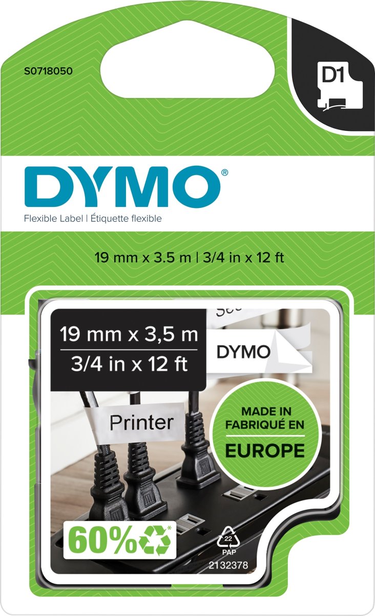 Dymo D1 fleksibelt tape 19mm, sort på hvid