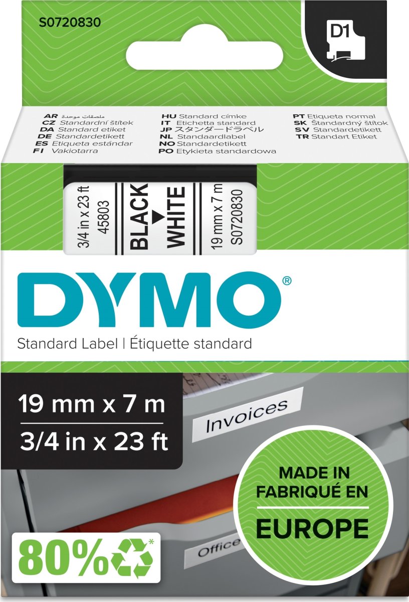 Dymo D1 labeltape 19mm, sort på hvid