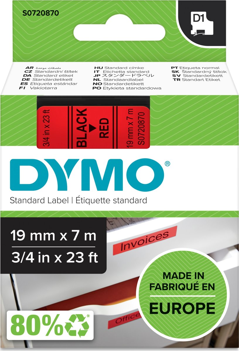 Dymo D1 labeltape 19mm, sort på rød