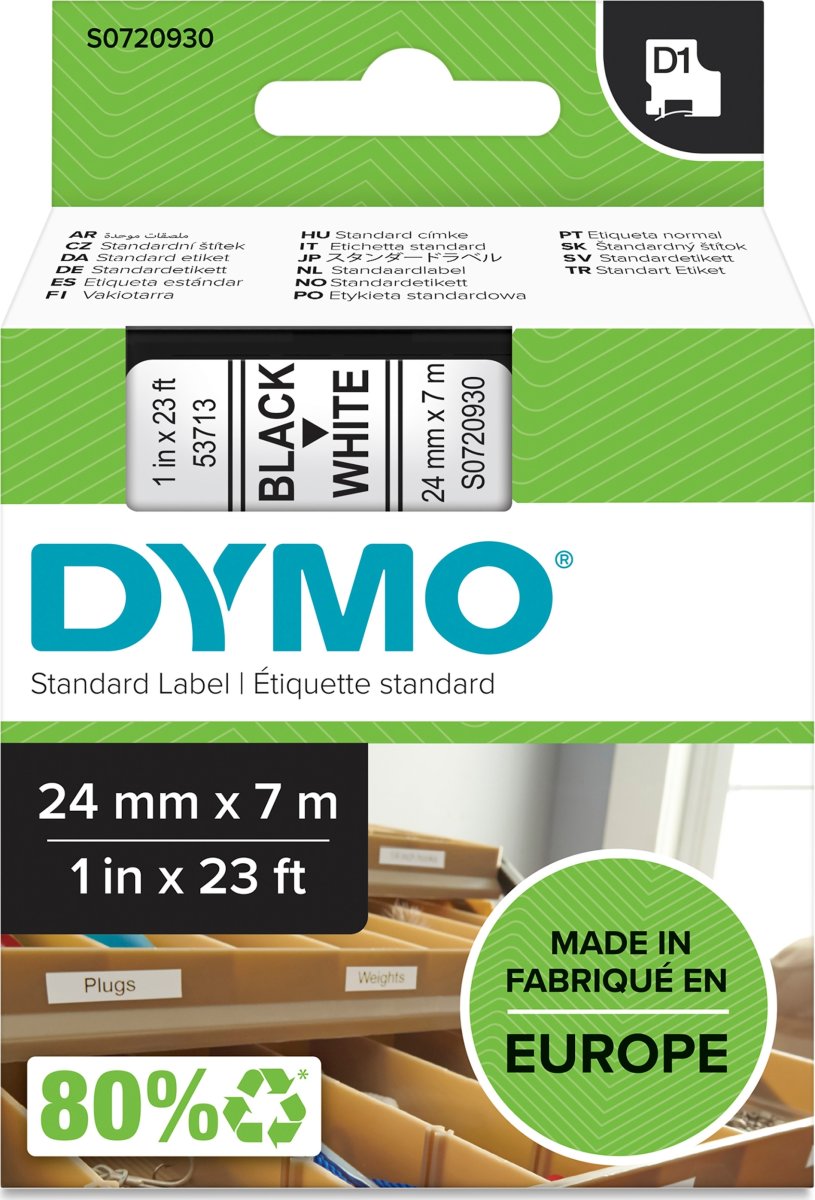 Dymo D1 labeltape 24mm, sort på hvid