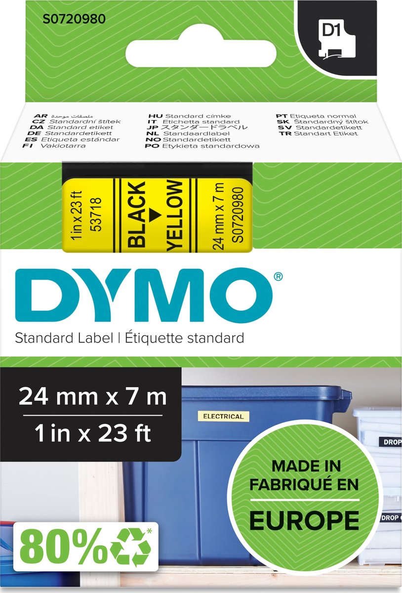 Dymo D1 labeltape 24mm, sort på gul