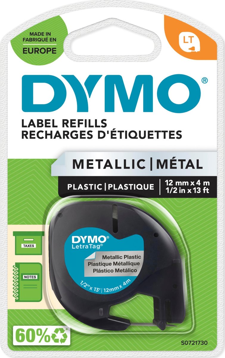 Dymo Letratag labeltape 12mm, sort på sølv