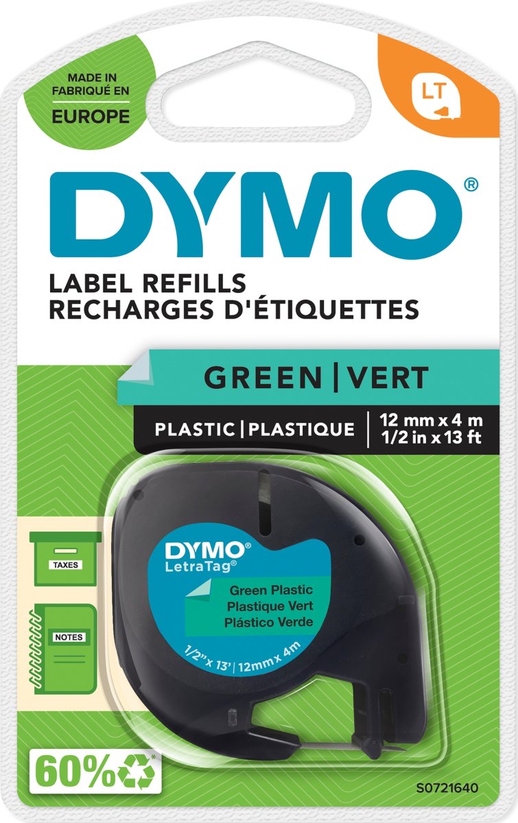 Dymo Letratag labeltape 12mm, sort på grøn