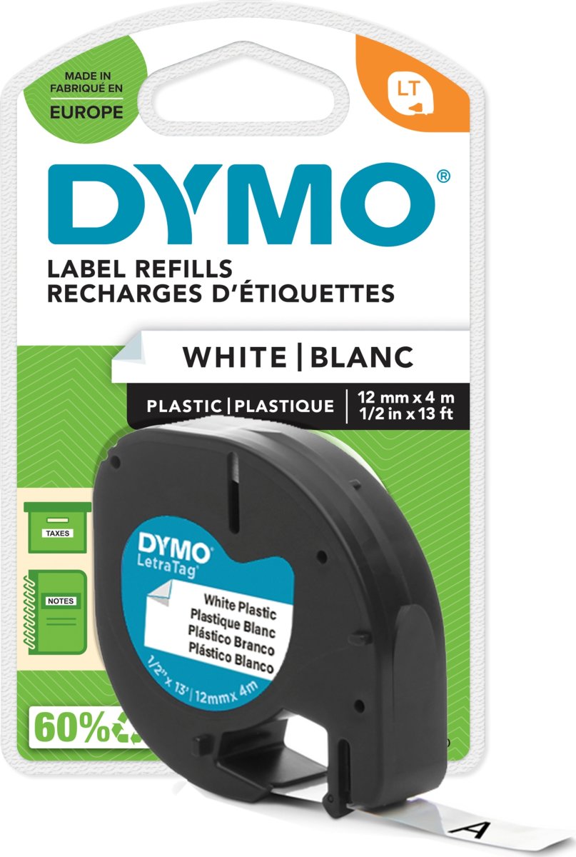 Dymo Letratag labeltape 12mm, sort på hvid