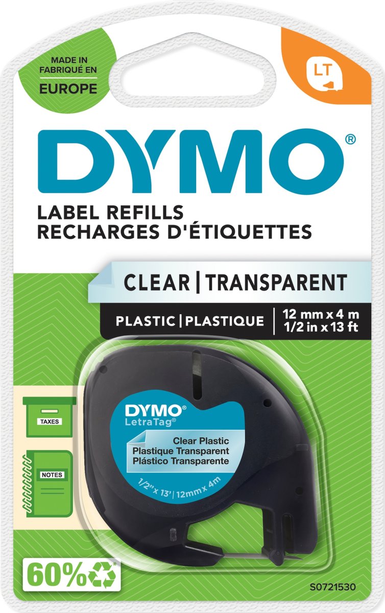Dymo Letratag labeltape 12mm, sort på klar