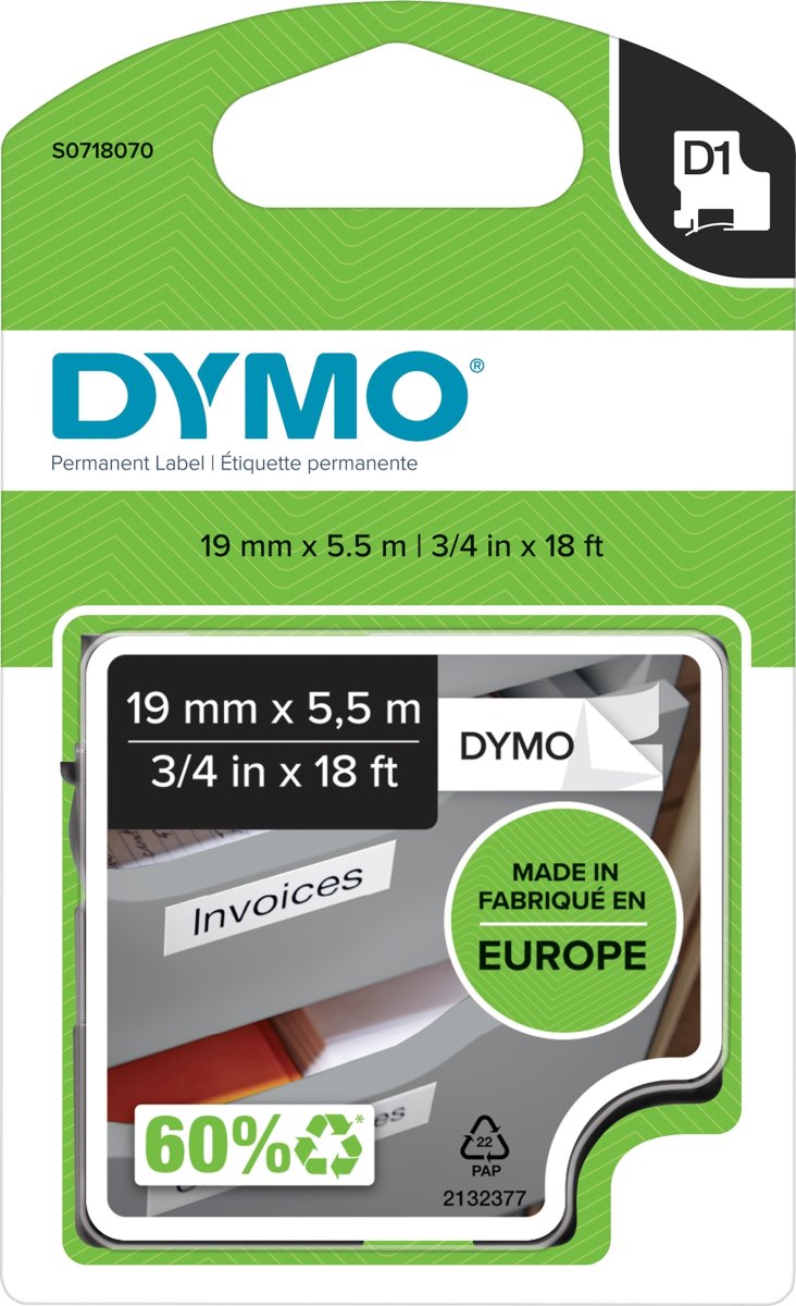 Dymo D1 polyestertape 19mm, sort på hvid