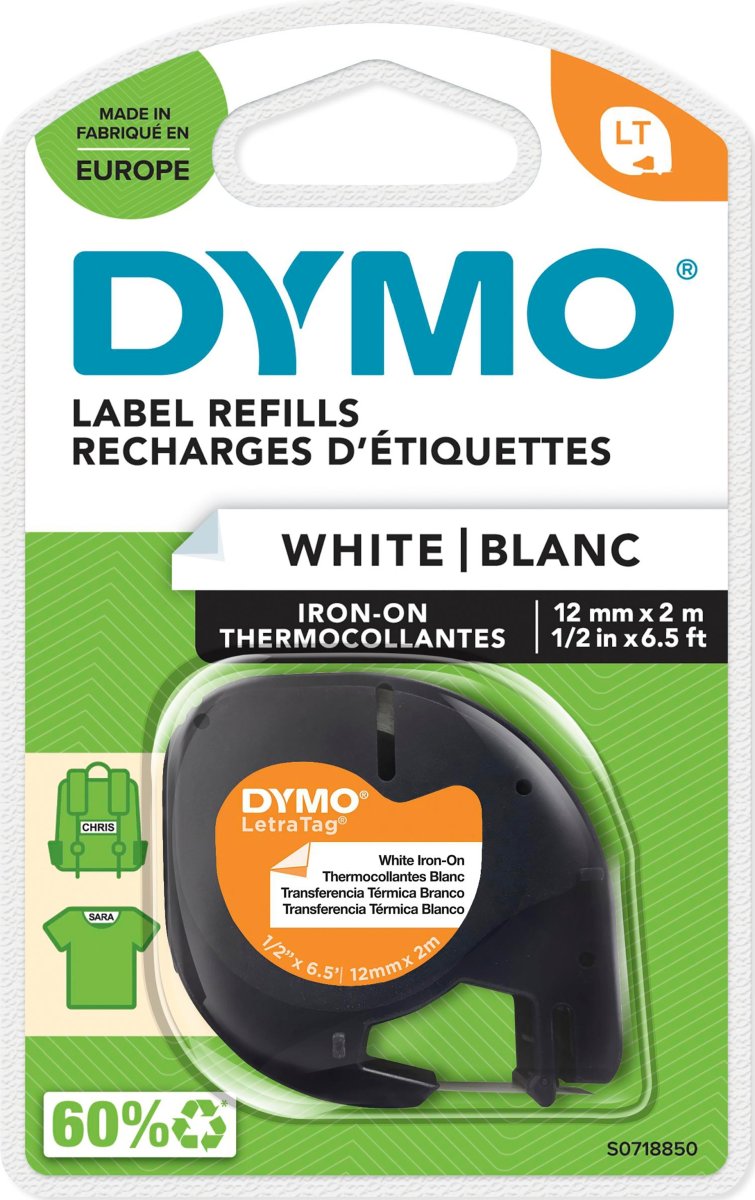 Dymo Letratag labeltape, stryg, 12mm, sort på hvid