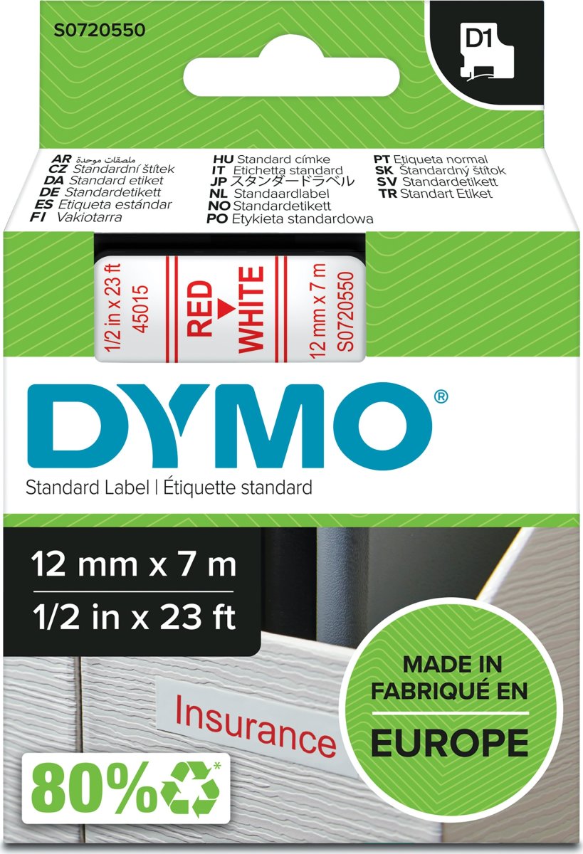 Dymo D1 labeltape 12mm, rød på hvid