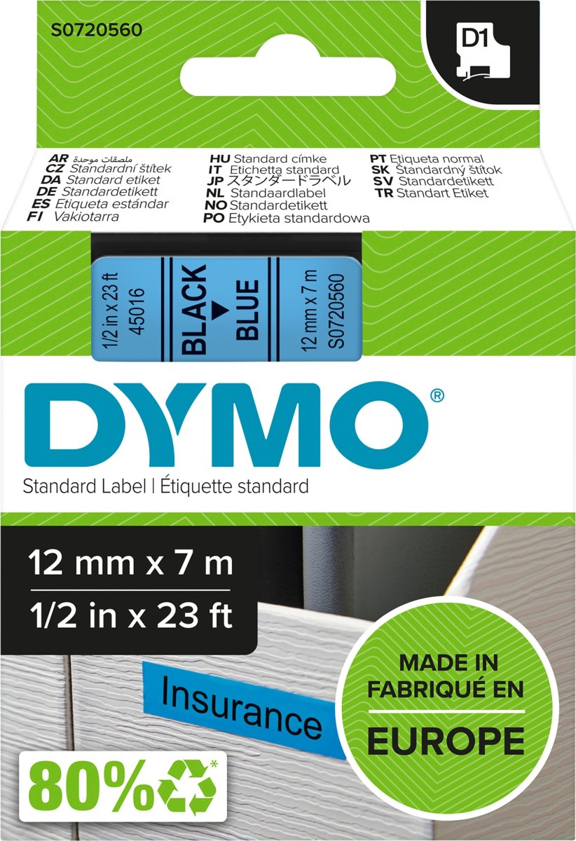 Dymo D1 labeltape 12mm, sort på blå