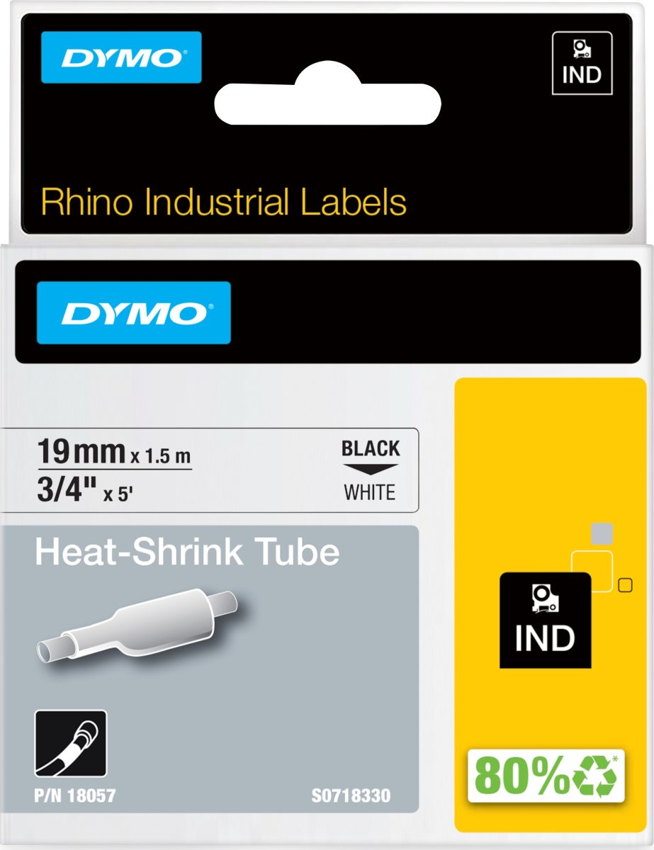 Dymo Rhinopro, 19 mm, krympeflex tape, hvid