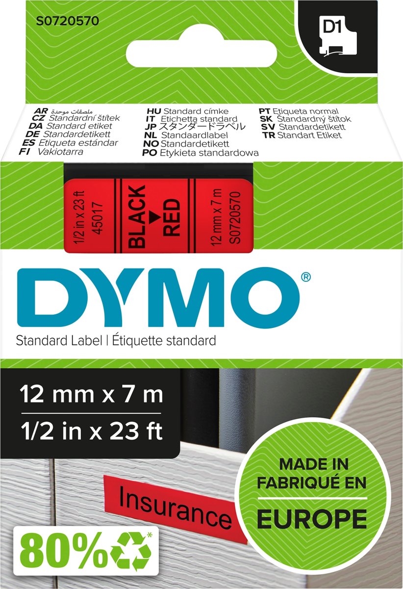 Dymo D1 labeltape 12mm, sort på rød