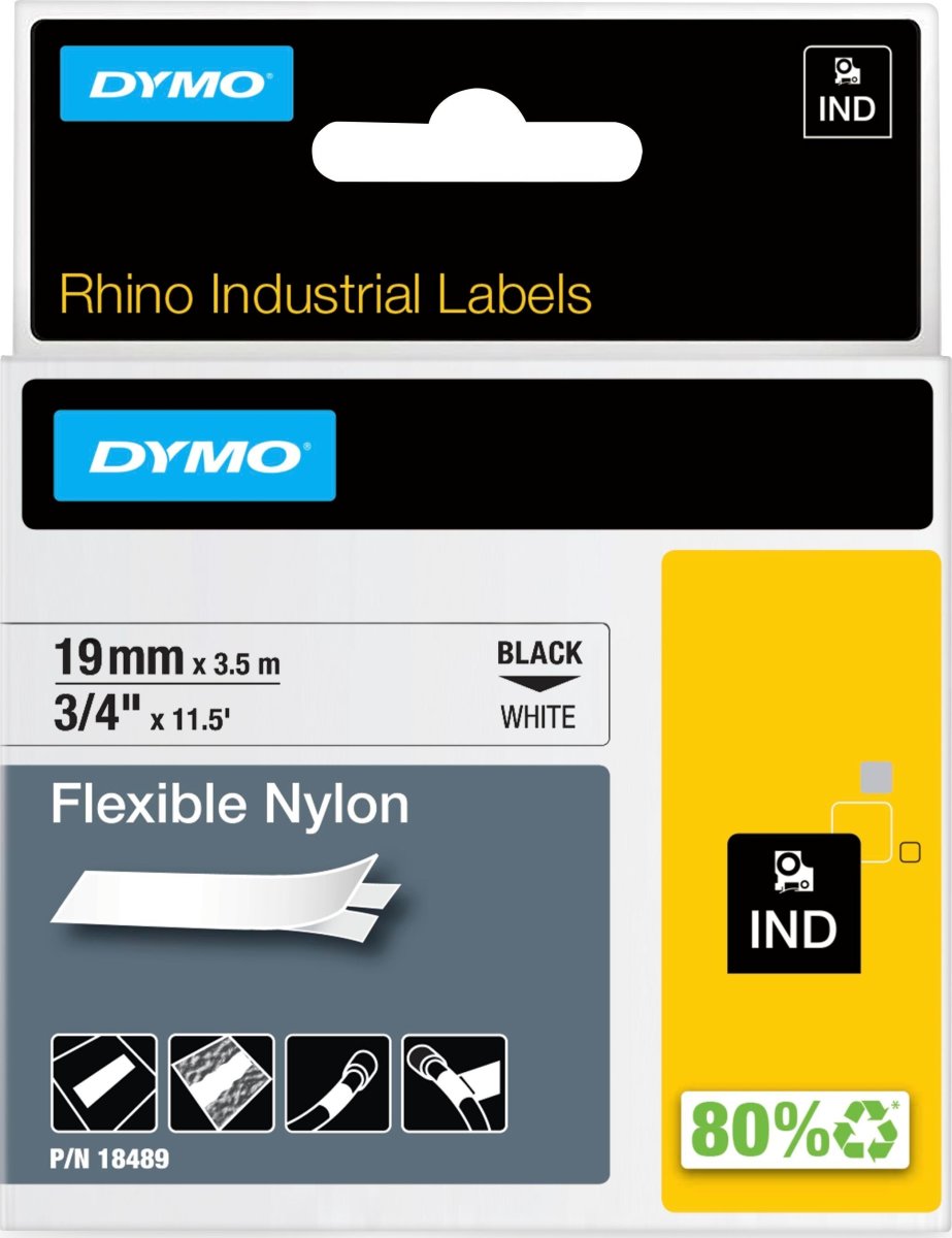 Dymo Rhino fleksibelt tape 19mm, sort på hvid