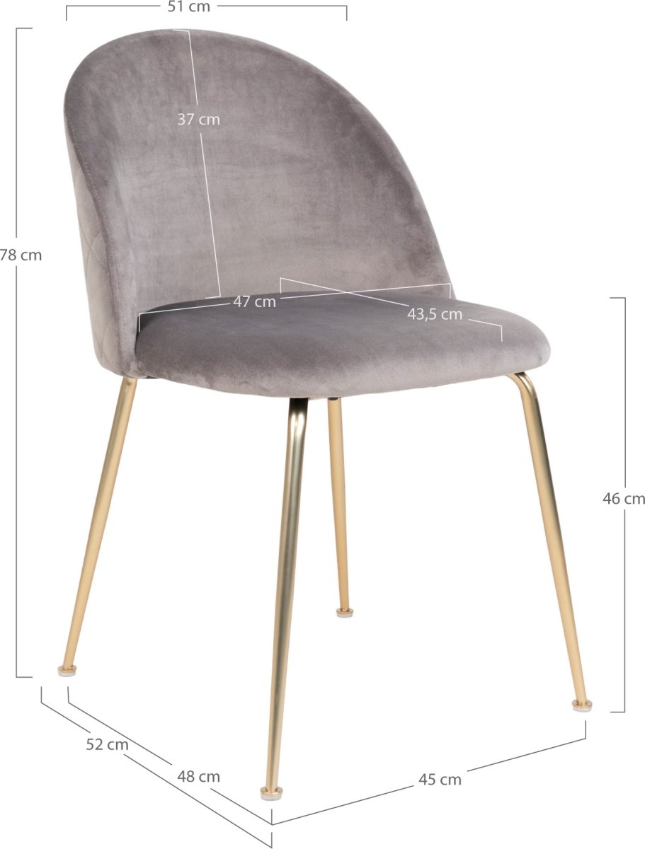 Geneve Kantinestol, velour grå/messing look ben