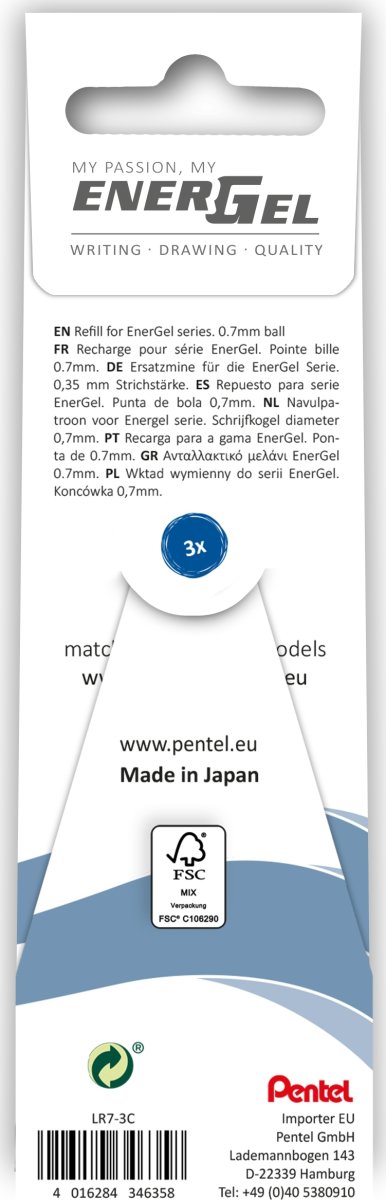Pentel Energel Refill | 0,7 | Blå | 3 stk.