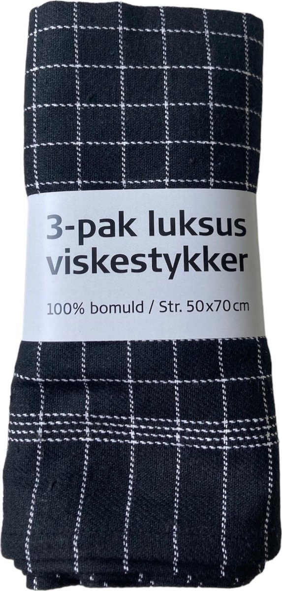 Viskestykke 50 x 70 cm, sort m/hvide tern, 3-pak